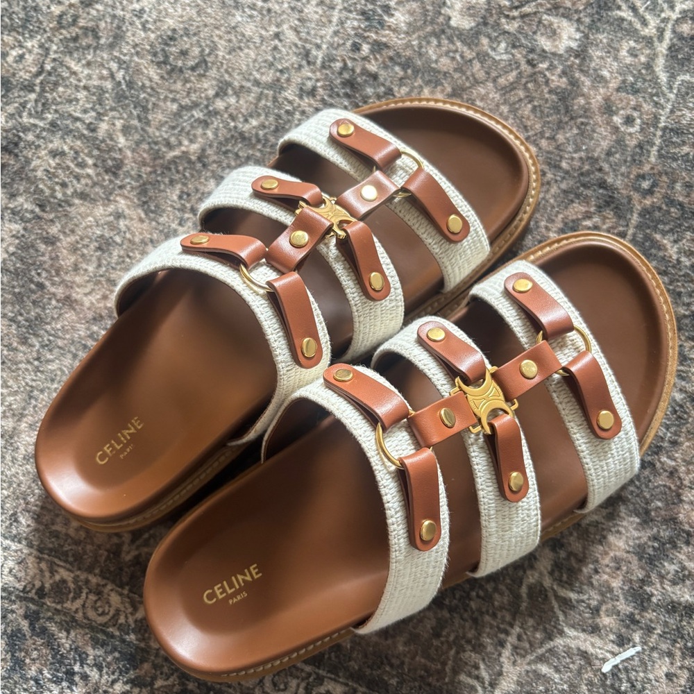 Celine Tippi Slide in Canvas and Calfskin